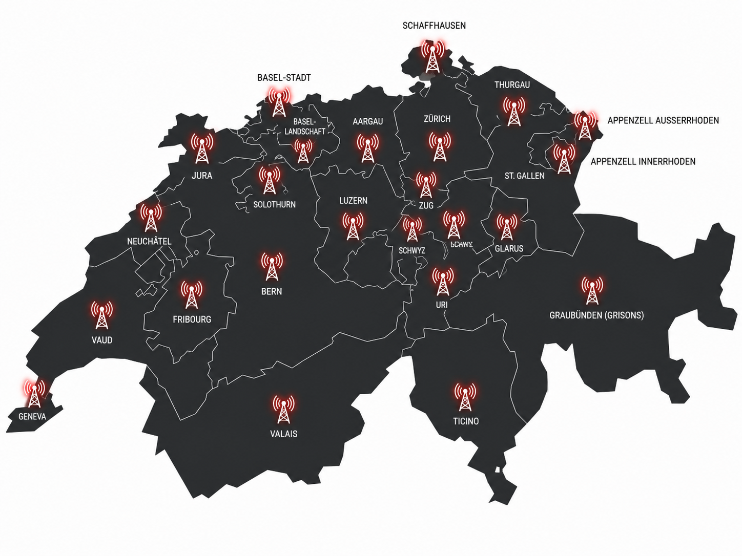 Swiss map showing Thaalam FM coverage across all 26 cantons
